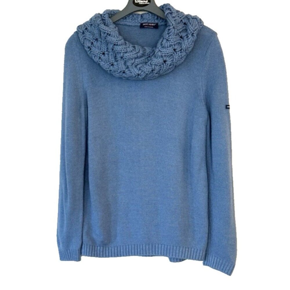 Saint James Women's Wool Blend Knitted Cowl Neck Sweater Blue France Size 8 USA